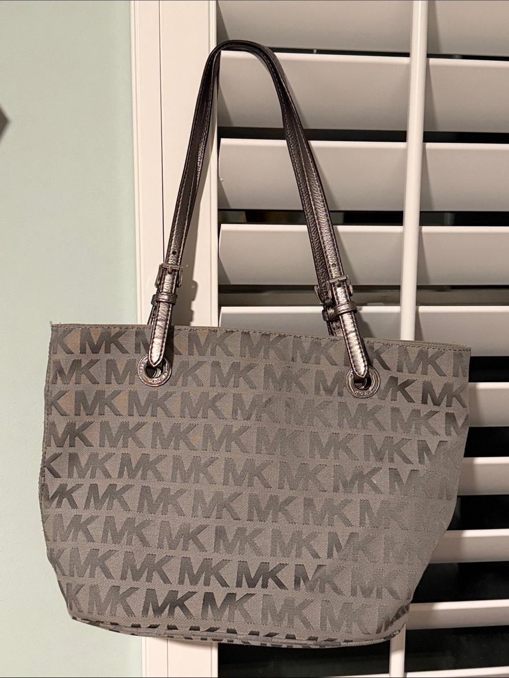 Michael Kors Gray Signature MK Shopper Tote with Metallic Straps